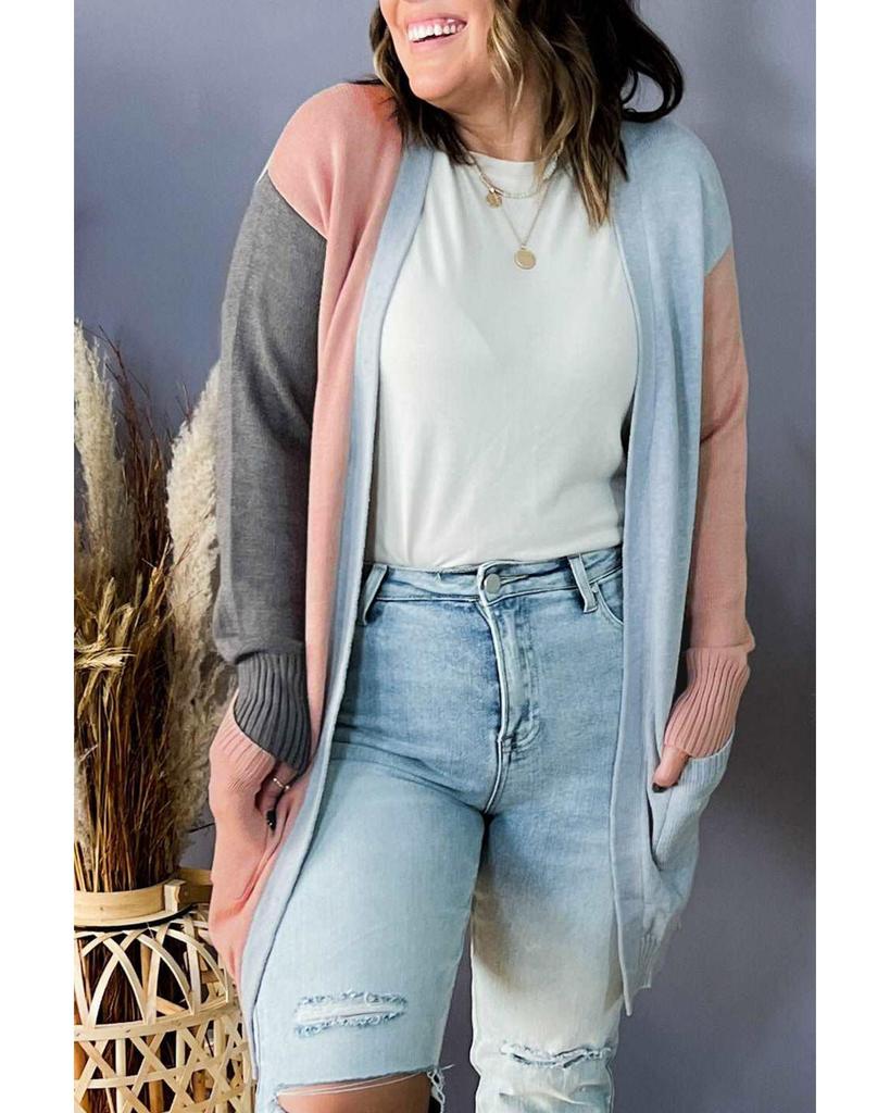 Azura Exchange Multicolor Plus Size Colorblock Pocketed Open Front Cardigan