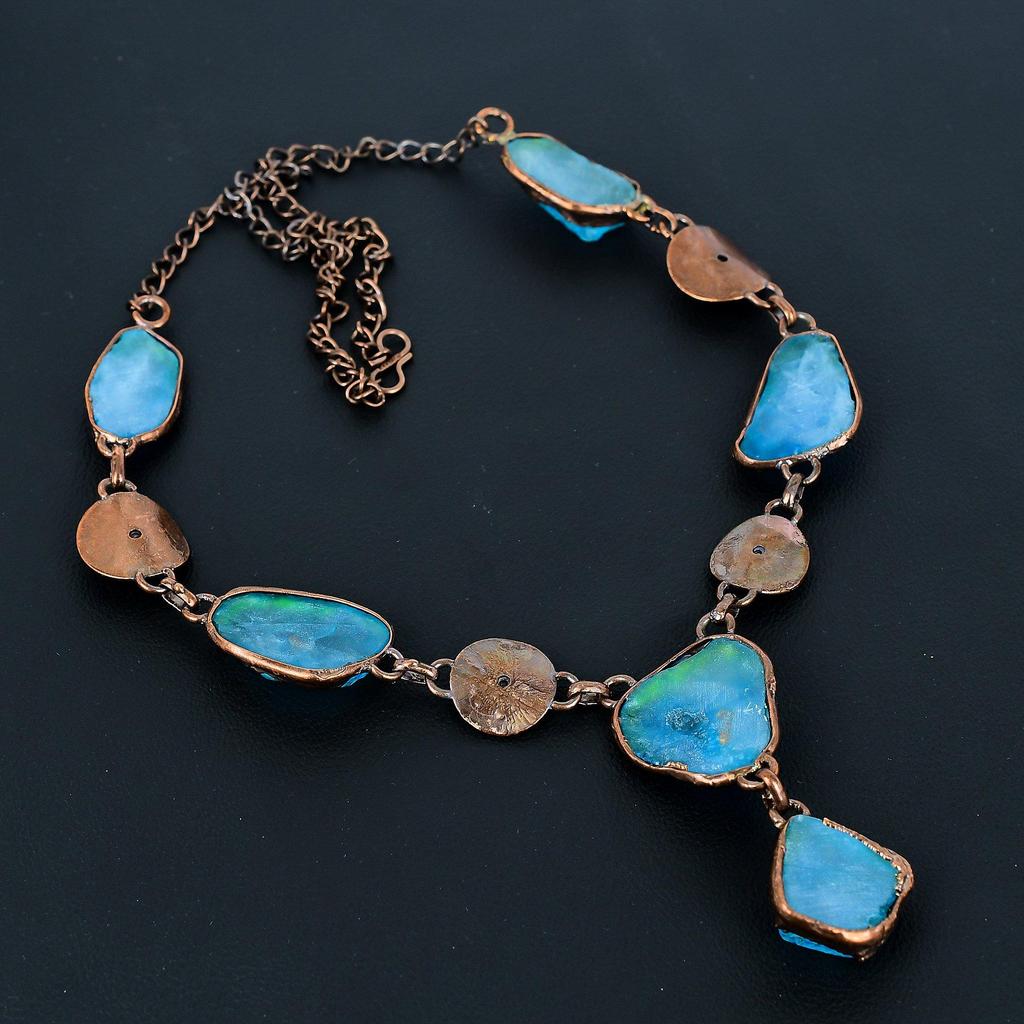 Neon Blue Apatite & Peridot Handmade Gemstone Necklace, Copper Electroformed Necklace Antique Jewelry, Adjustable Necklace Engagement Gift