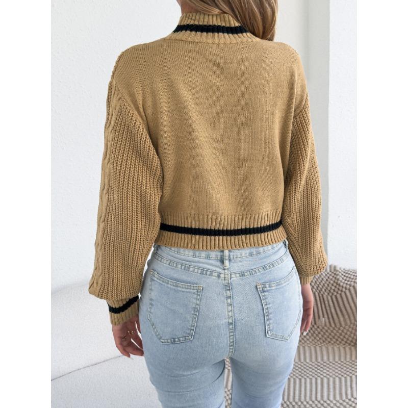 Women S Casual Color Block Half High Neck Waist Tightened Lantern Sleeve Sweater