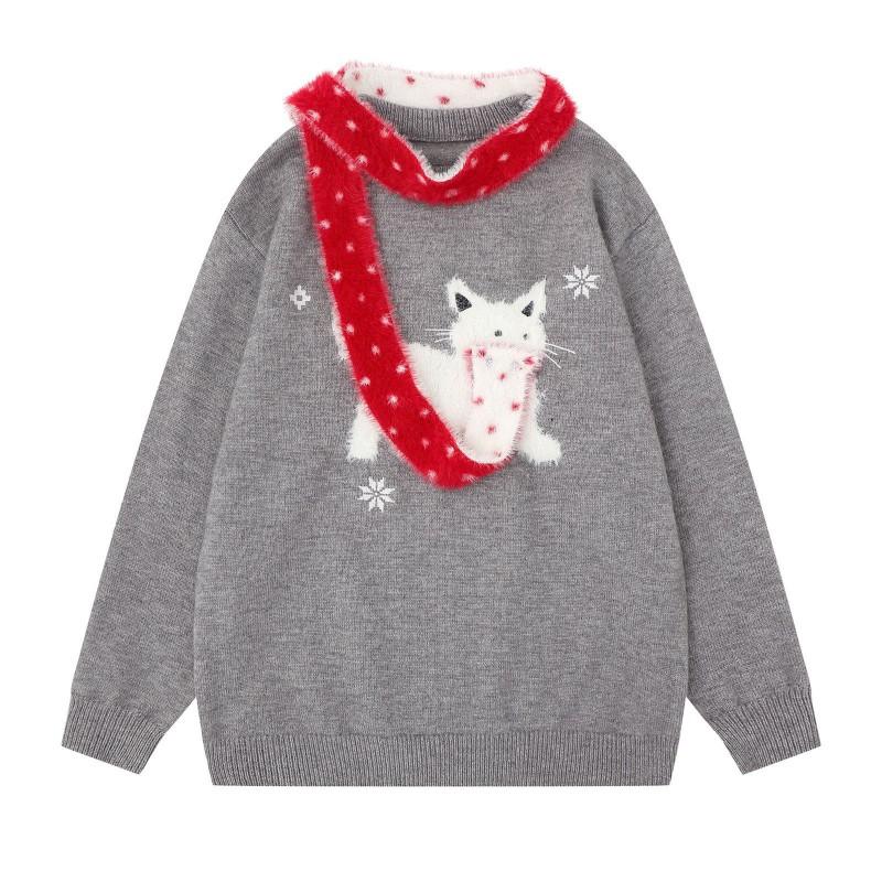 Unisex Oversized Knit Sweater With Detachable Scarf Snowflake Embroidery Acrylic Blend Retro Style Fall