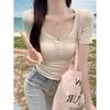 Button half-open neck pure desire short-sleeved t-shirt women's summer new U-neck front shoulder slim-fitting sexy sweet and spicy top