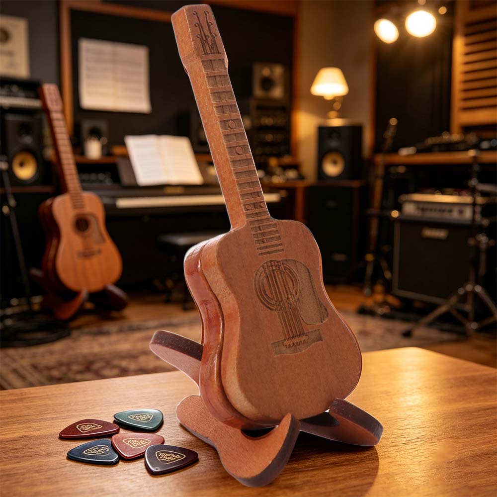 Wooden Material Guitar Pick Box Guitar Shape Guitar Pick Case  Musician Storage