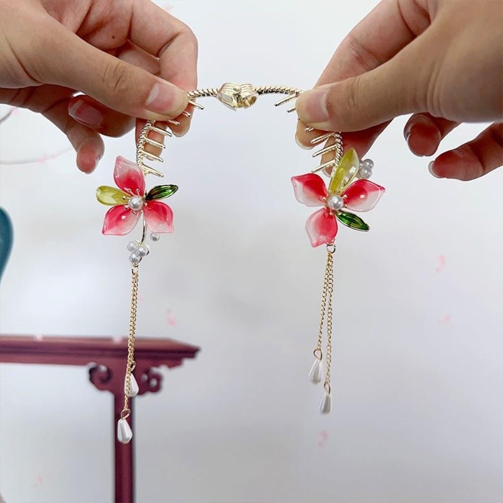 Pink Peach Blossom Bun Hairpin Imitation Pearl Round Bun Ponytail Holder Women Girls