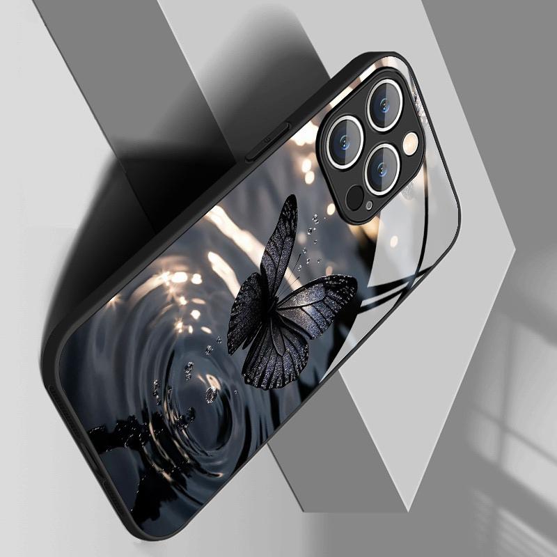 Премиальный чехол из закаленного стекла с узором "Черная бабочка" для iPhone 17 16 15 14 13 12 11 Pro Max 17Air 16E 7 Plus XR XS X