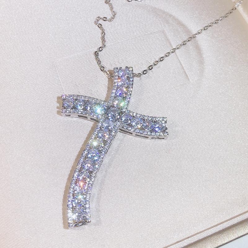 Luxury 925 Silver Cross Pendant Statement Necklace With AAAA+ Zircon Long Necklace For Women Man Religious Fashion Jewelry Gift