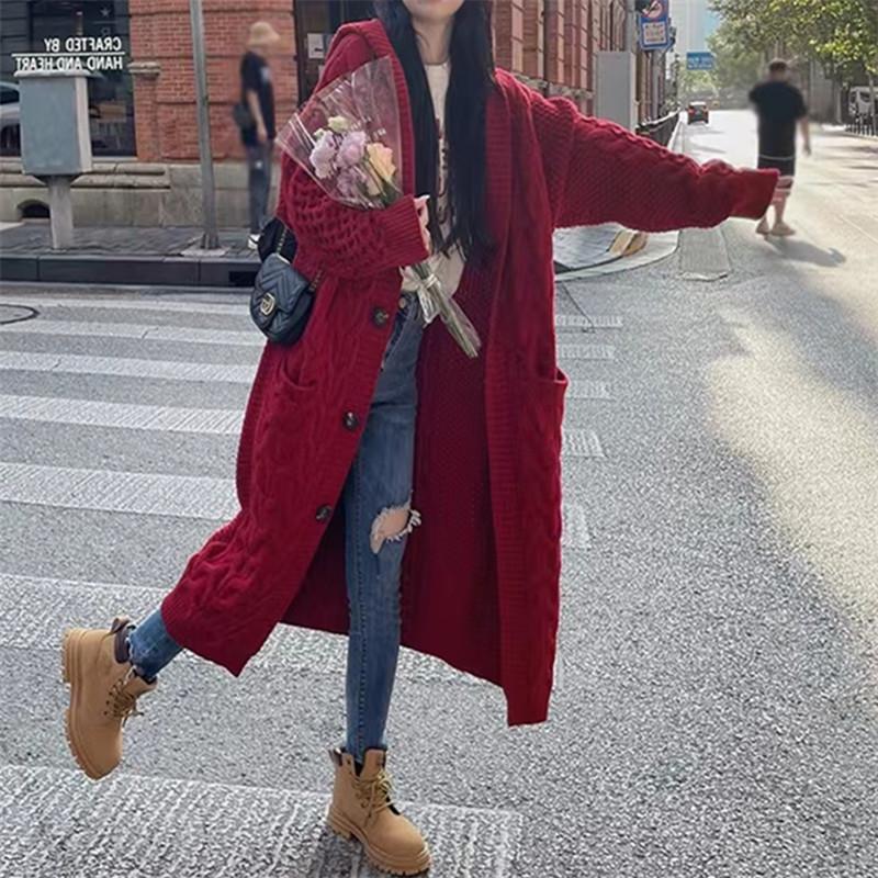 Women's Hooded Mid-Length Knitted Sweater Cardigan Jacket for Autumn & Winter - Loose, Thick, Fashionable with Pockets.