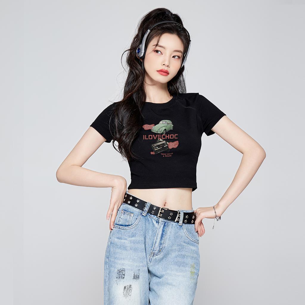 [Shoulder print] Summer college style slim fit T-shirt for women, sporty and spicy girl, short style with exposed belly button top