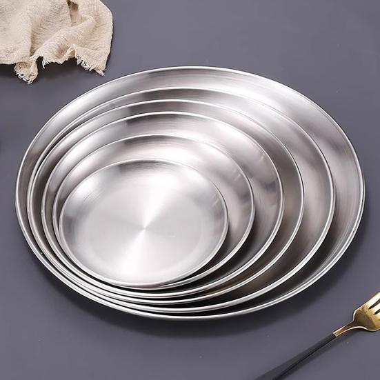 Round Dinner Plate Serving Platter Stainless Steel Barbecue Tray Korean Style Serving Dish Fruit Dessert Steak Plate