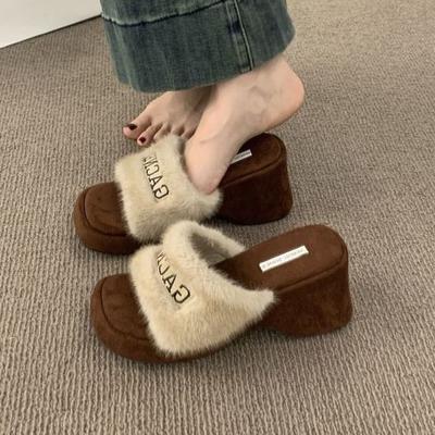 Взрыв интернет-знаменитости фея ветер буквенное слово с норковым мехом домашние тапочки женские носить толстоподошвенные танкетка высота увеличивающая хлопковая обувь