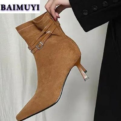 Модные остроносые ботильоны женские сексуальные туфли челси на высоком каблуке женские зимние меховые замшевые туфли на высоком каблуке 2025 трендовые роскошные туфли-лодочки Bota Mujer