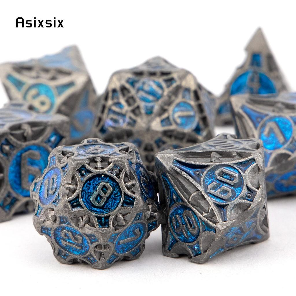 7 шт. черные, синие металлические кубики, набор твердых металлических многогранных кубиков, подходящий для ролевой ролевой игры, настольной игры, карточной игры