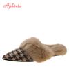 Fashion Aphixta New Warm Winter Real Rabbit Fur Plush Women Slippers Birds Furry Plaid Shoes Pointed Toe Flat Heel Hair Slides