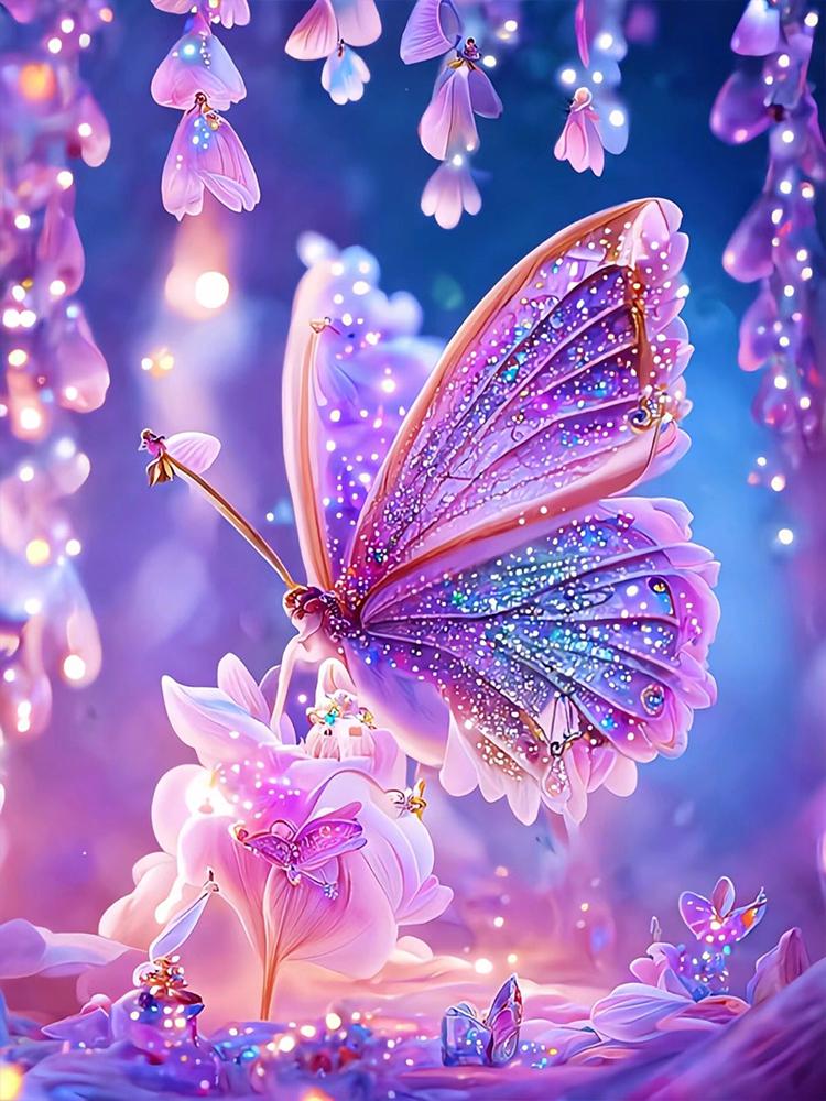 Cross Stitch Diamond Painted Blooming Peony Flowers Butterfly Pink Purple Flowers 5d Diy Diamond Embroidery Rhinestone Painting