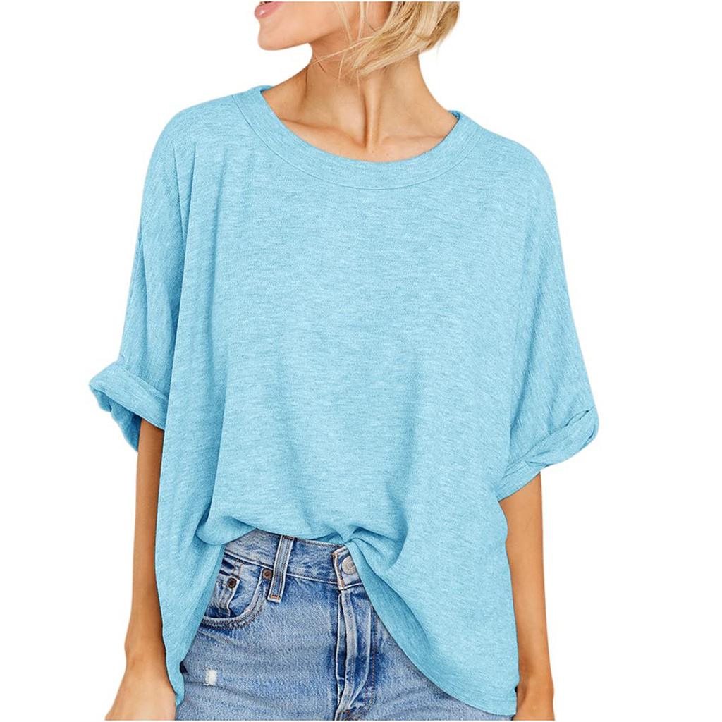 Women's Short Sleeve Dressy Solid Color Loose Top Summer Round Neck Loose Casual T-Shirt