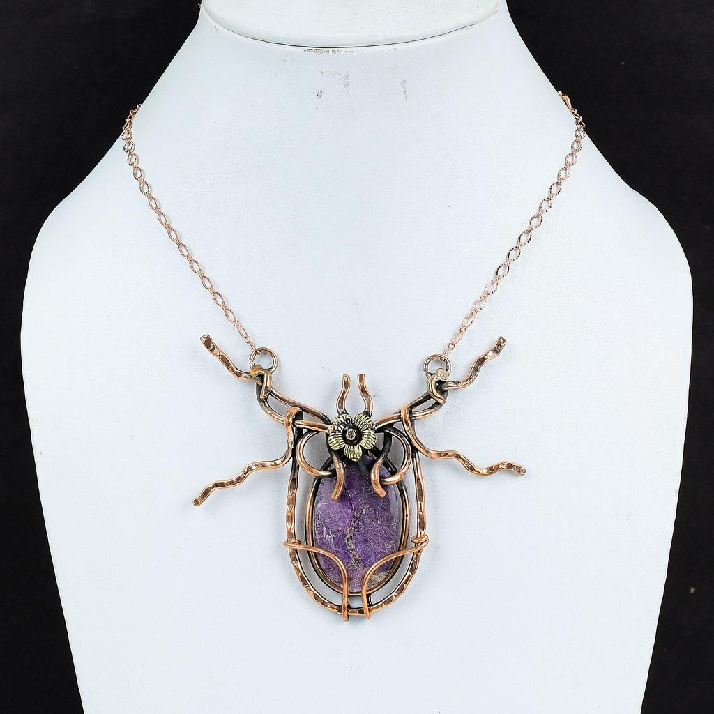 Ожерелье из пурпурита с драгоценными камнями, ожерелье из медной проволоки, ювелирные изделия ручной работы, регулируемое ожерелье-цепочка, красивые медные ювелирные изделия, подарки для жены