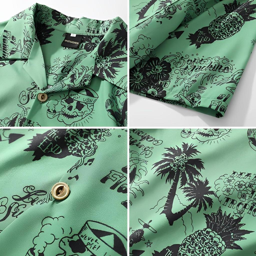 Aspersio Short Sleeve Aloha Top with Ora Slightly White Men's Shirt, All-Over Print, Stylish, Open-Collar Skull, Button-Down, Pineapple, Hibiscus,