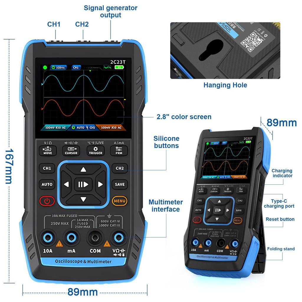 Осциллограф-мультиметр DDS-генератор 3-в-1, 2 канала, полоса пропускания 10 МГц, частота дискретизации 50 Мвыб/с, 9999 отсчетов, измеритель переменного и постоянного тока, 2C23T