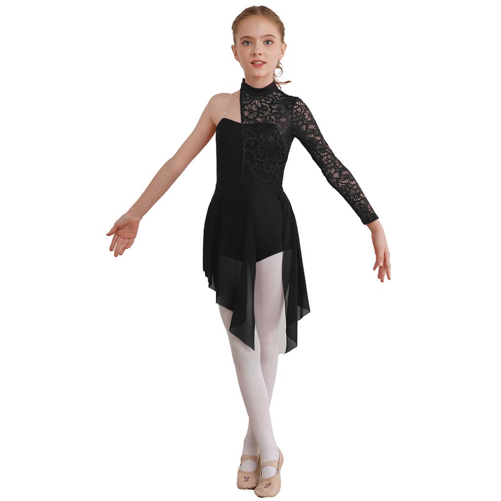 Girls Lyrical Dance Dress Half Floral Lace Bodice Asymmetrical Hem Boyshorts One Piece Jumpsuit for Dance Performance