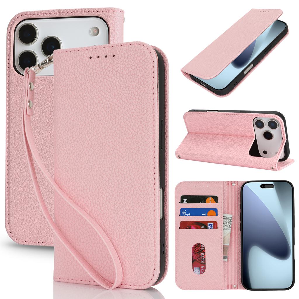For iPhone 17 Pro Max Case Stand Wallet Litchi Texture Leather Flip Phone Cover with Strap