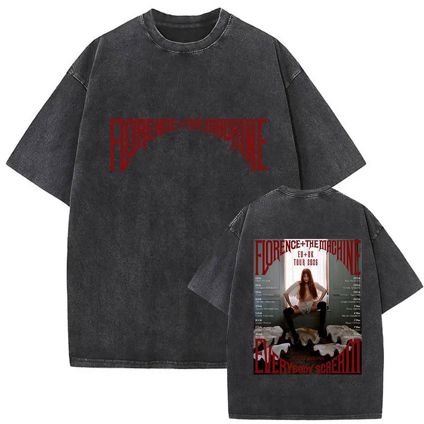 Florence and The Machine Tour Vintage Washed T Shirt Men Women Harajuku Aesthetic Oversized Cotton Tshirts Yk Streetwear