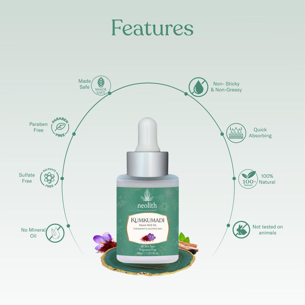 Neolith 100% органическое масло для лица Кумкумади, придающее сияние коже, с экстрактами шафрана, сандалового дерева, ветивера, куркумы и лотоса для тусклой кожи и темных пятен.