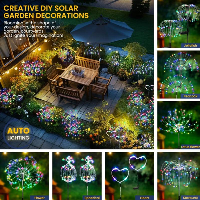 60/90/150/200 LED Solar Fireworks Lights Outdoor Decorative Multicolor Starburst Waterproof Lamps with 8 Modes for Garden Path