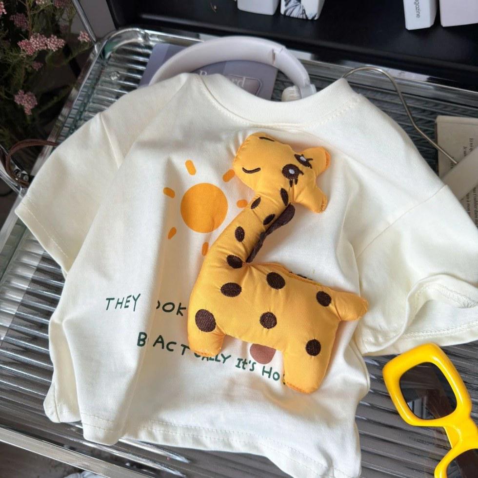 Унисекс Детская Милая Хлопковая Футболка с 3D Жирафом, Короткий Рукав, Летний Стиль