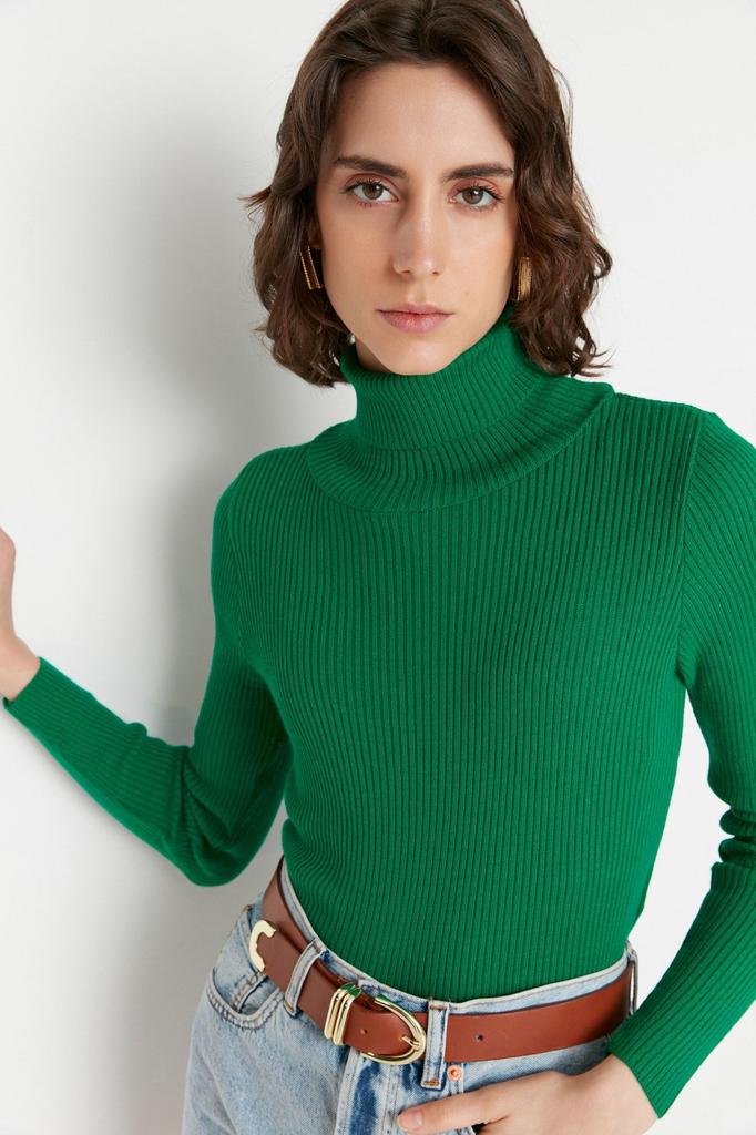 Women's Elegance Style Sweater Green Basic Turtleneck Knitwear Sweater