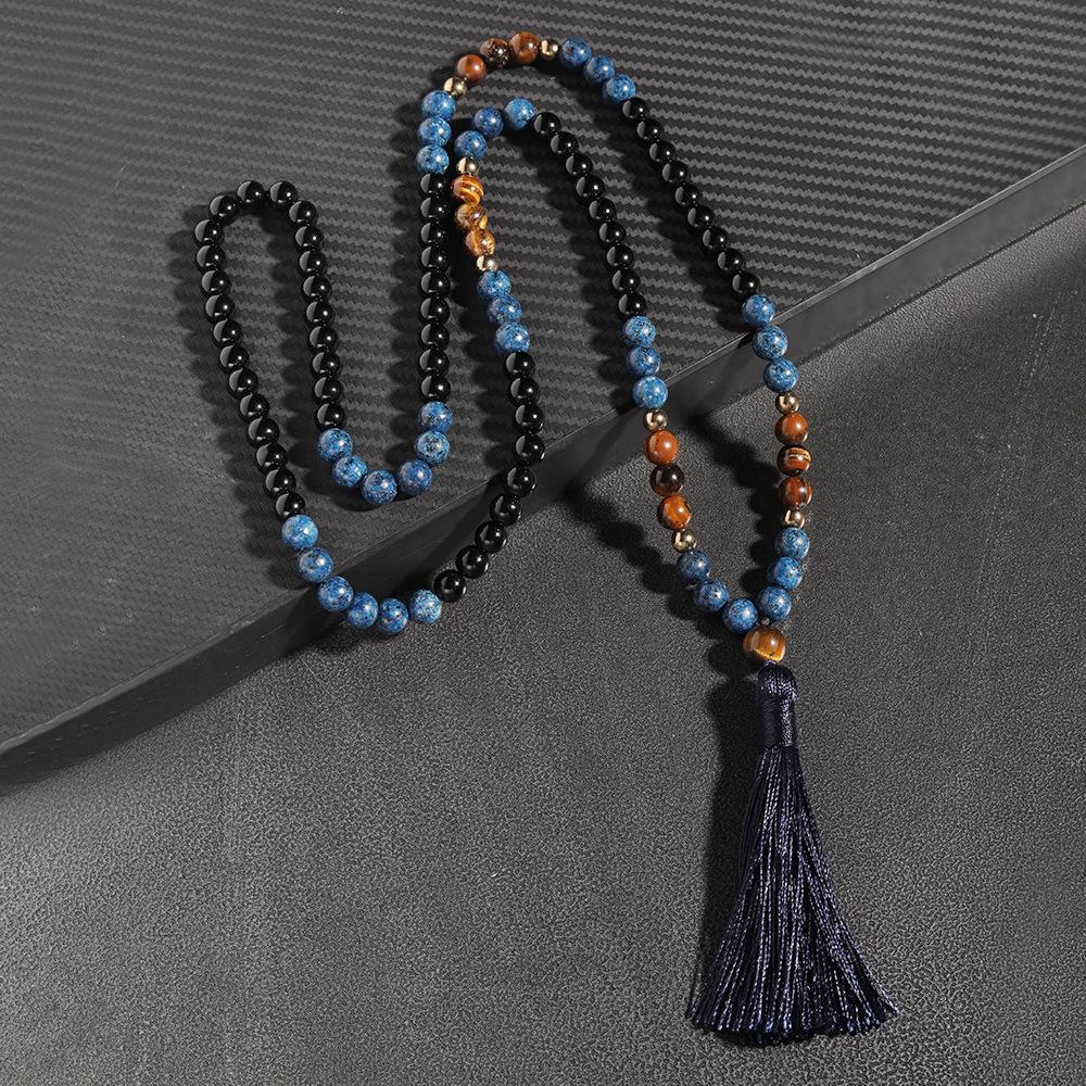 Long Tibetan Sweater Chain Fringed Pendant Men'S Fashion Necklace Tiger Eye Blue Hemp Stone Beaded Necklace