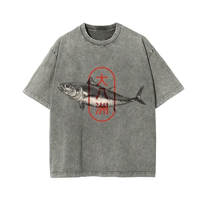 Summer Fashion 100% Cotton Washed Acid T-shirts Great Eight Islands of Japan Tuna Fish Vintage Wash Japanese Design Tees