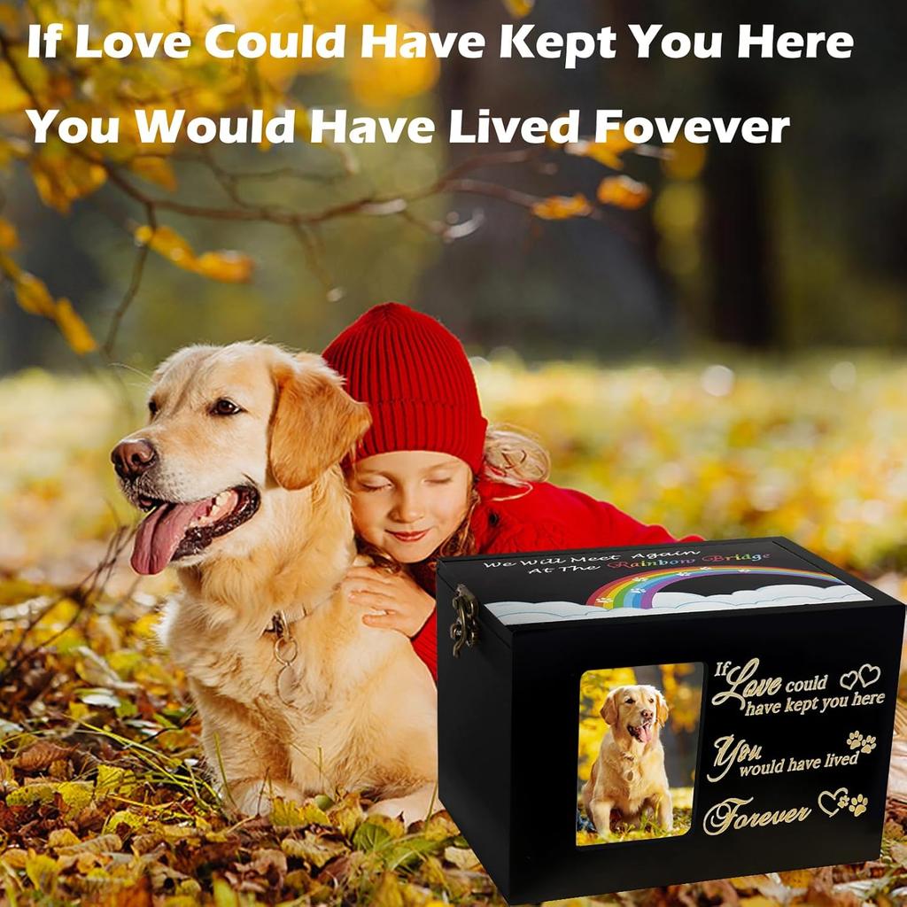 Sofunii Pet Urn for Ashes, Solid Wood Memorial Urn for Dogs & Cats, Rainbow Bridge Keepsake Cremation Box with Photo Frame, Pet Loss Remembrance Gift