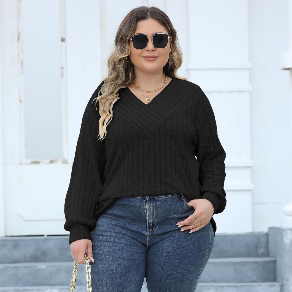 Women's Casual Autumn and Winter Big Size Striped V-neck Cross Bottoming Pullover Jumper