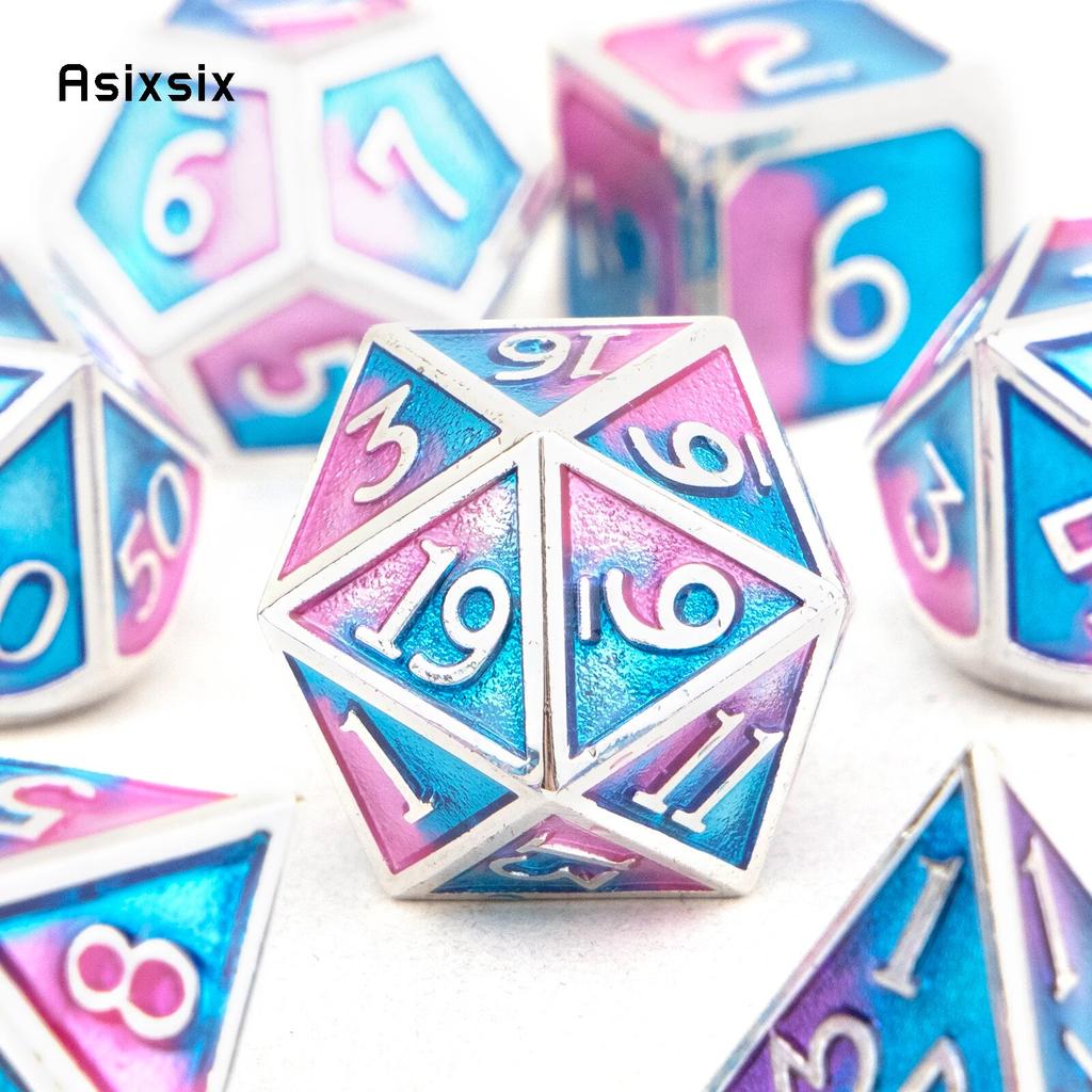 7 шт., синие, розовые, стандартные металлические кубики, набор твердых металлических многогранных кубиков, подходящий для ролевой ролевой игры, настольной игры, карточной игры