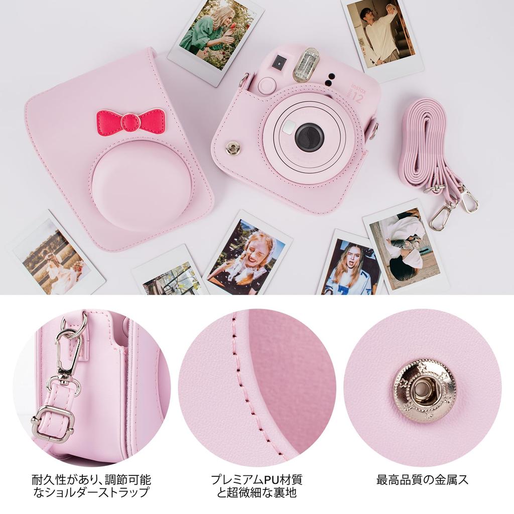 HIYQIN Cheki Case instax mini 12 Fujifilm Cheki 12 Case and 28 Photo Album Set Cheki mini 12 Camera Case with Shoulder Strap PU Leather Pink "Cute