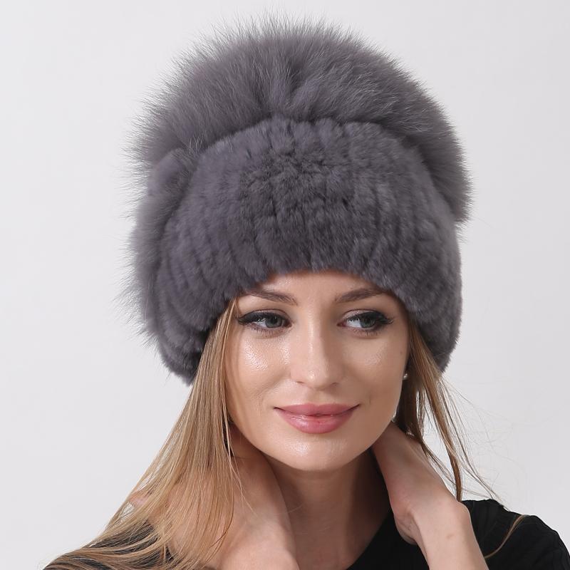 Natural Fluffy Fox Rabbit Fur Hats for Women Winter Knit Floral Striped Elastic Stylish Fashion Warm Thick Outdoor Skull Beanie