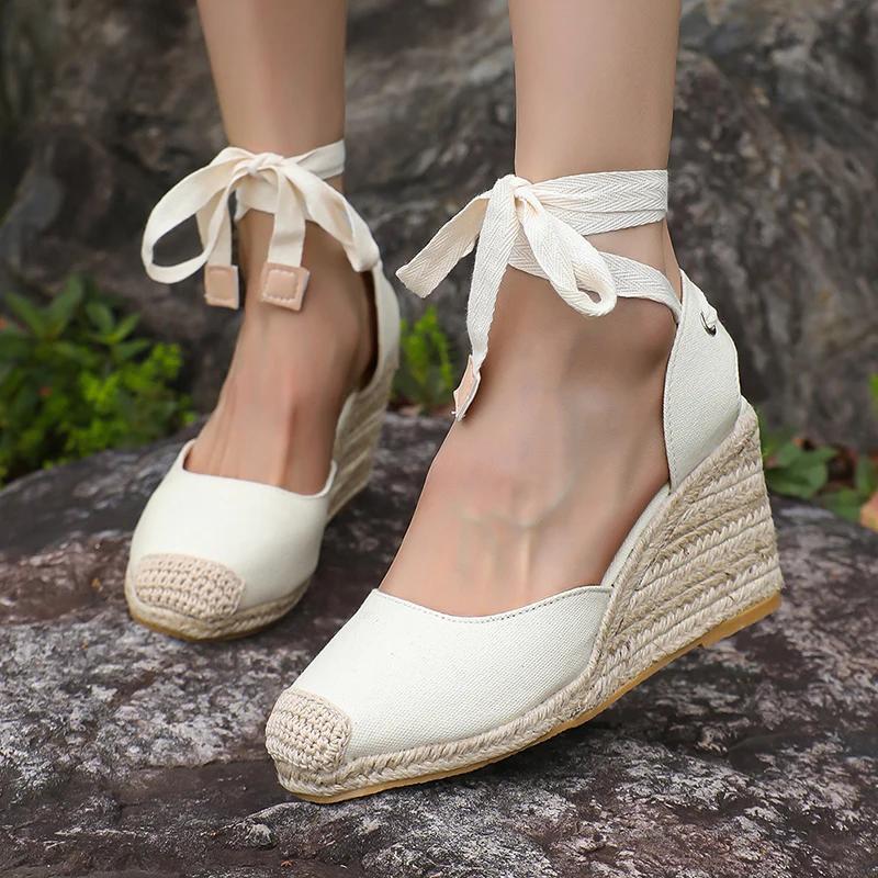 Ankle Lace Up Wedges Sandals Women Summer Closed Toe Espadrille Platform Sandles Woman High Heels Gladiator Sandalias Mujer 43