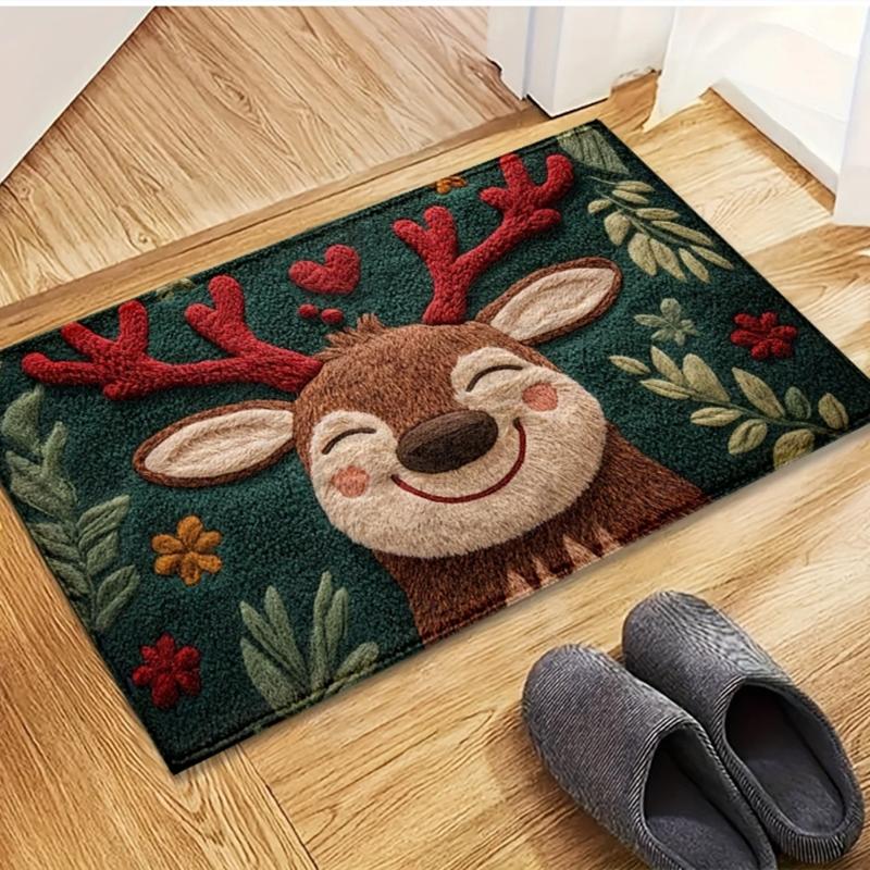 Fluffy Christmas Deer Microfiber Bath Mat - Quick-Dry & Absorbent, Festive Holiday Design with Red Berries & Green Leaves