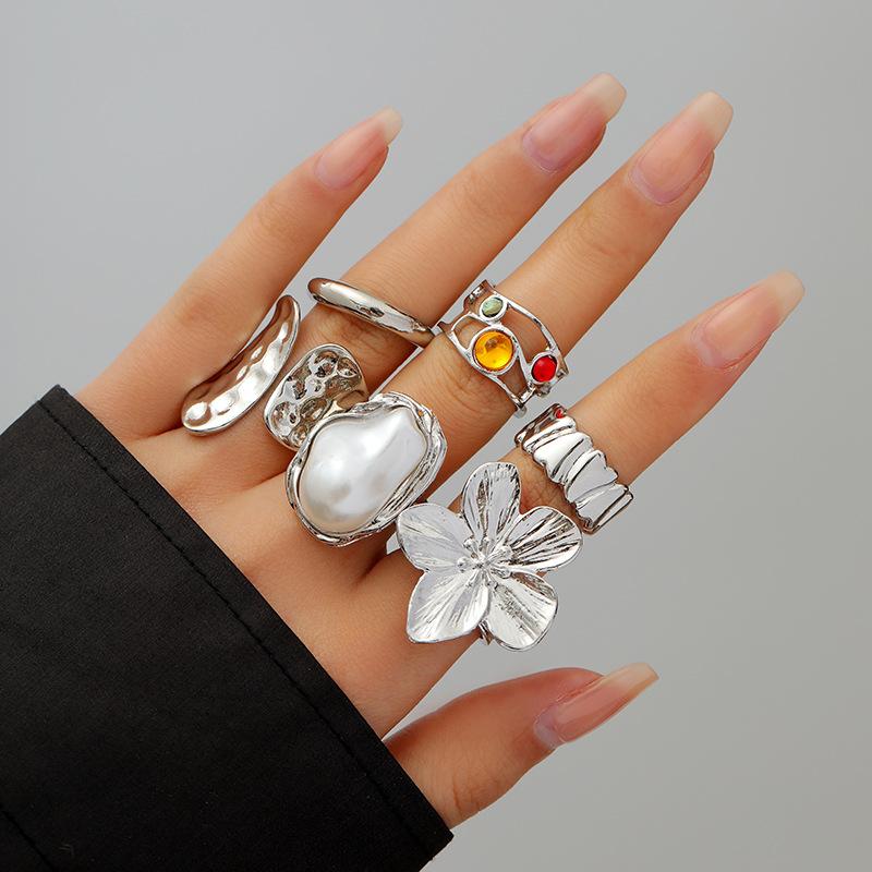 Design Liquid Lava Flower Opening Ring Ins Baroque Imitation Pearl Alloy Ring