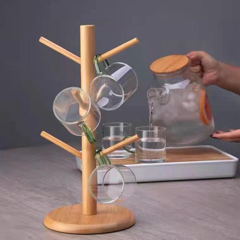 Подвесная стойка для показа кружек из дерева, полка для напитков с 6 крючками, подставка для хранения кофейных чашек в форме дерева, держатели для стаканов