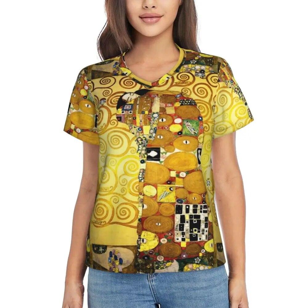 Gustav Klimt T Shirt The Kiss Hip Hop T-Shirts Women V Neck Basic Tops 2024 Beach Short Sleeve Pattern Clothes