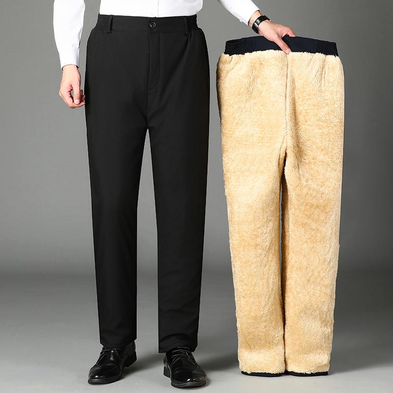 Men S Thick Fleece Lined Cotton Pants Winter High Waist Loose Straight Leg Dad Casual Trousers