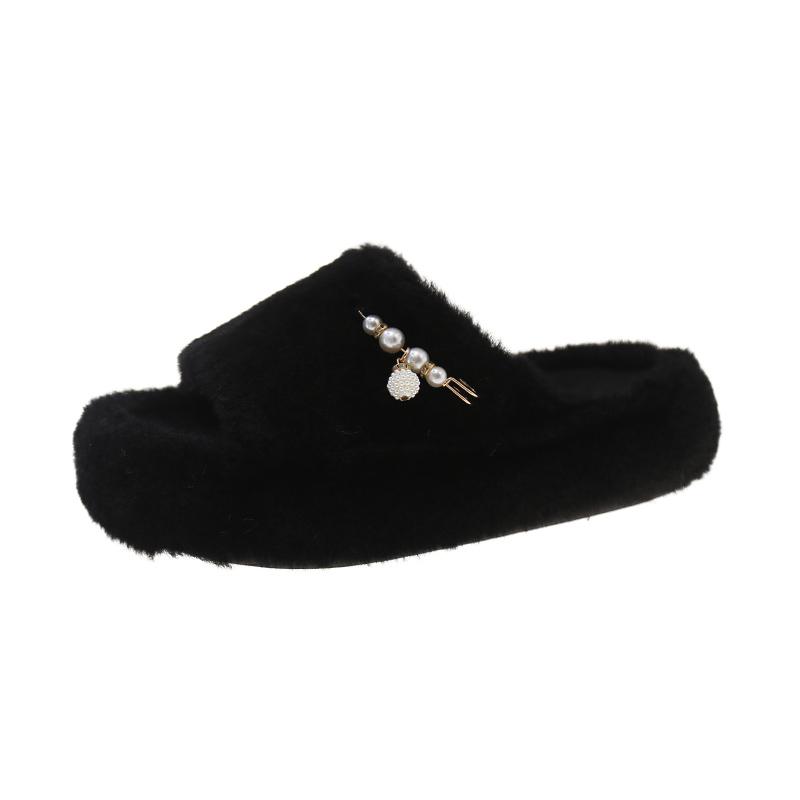 Fashion Aphixta Luxury Pearl Plush Furry Slipper Black Concise Women Indoor Bedroom Slippers Flat Heel Hair Slippers Round Toe Footwear