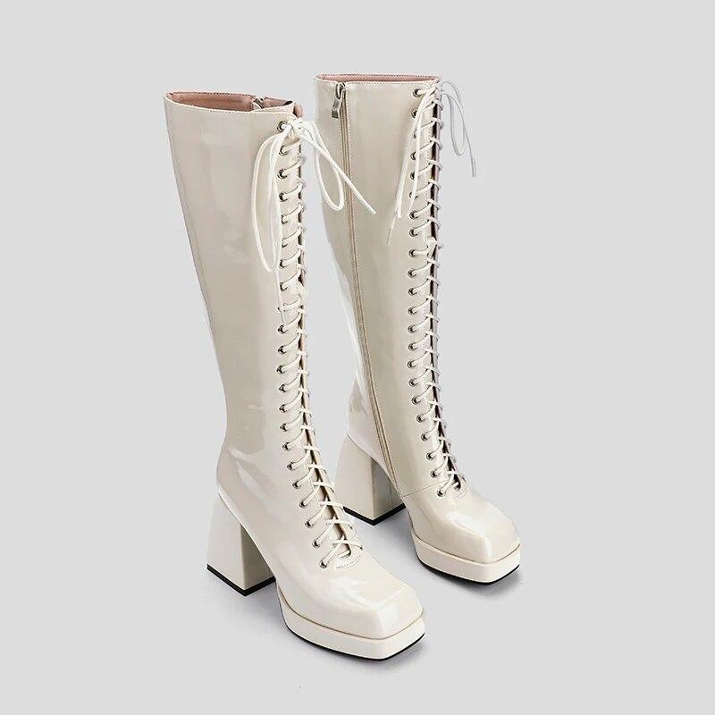 Sexy Patent Leather Knee High Boots Platform Women Boots Chunky High Heel Lace Up Long Boots Autumn Winter Zipper Woman Shoes