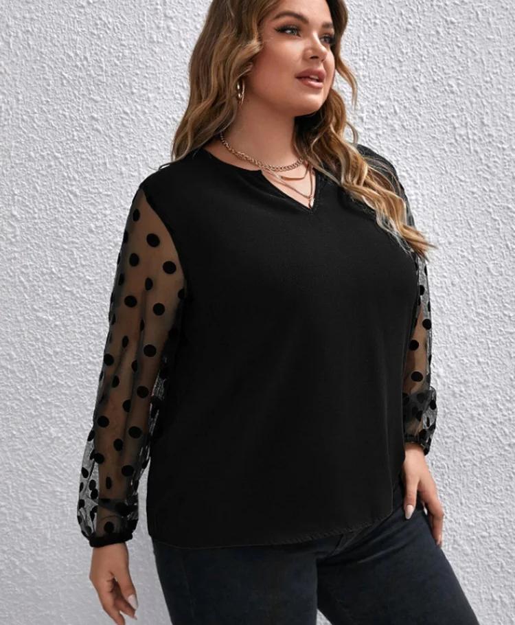 Plus Size Spring Notch Neck Polka Dot Mesh Sleeve Blouse Women Autumn Black Elegant Office Ladies Tops and Blouses