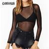 Spring and Autumn Black Translucent Mesh Bottom Shirt Women's Long Sleeve Sexy See-through Thin Mesh Shirt Super Stretchy Yarn Clothing