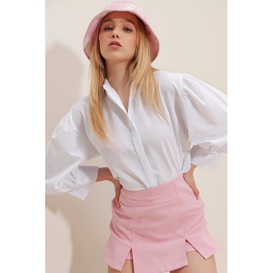 Women's Brown Concealed Pleat Balloon Sleeve Basic Poplin Shirt