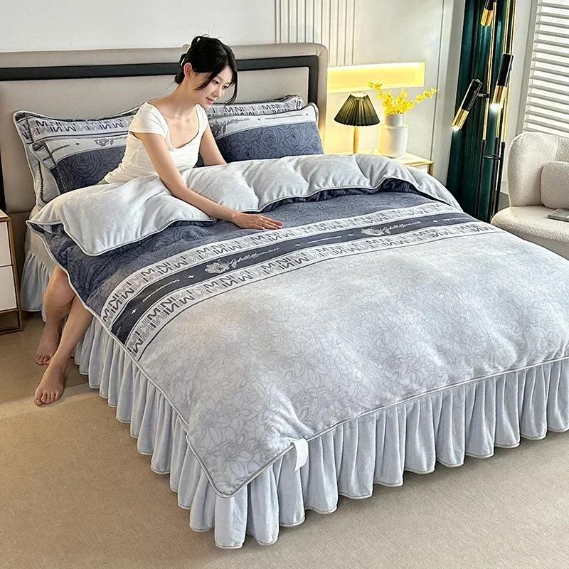 4 шт. Двусторонние фланелевые пододеяльники Молочный плюш Юбка для кровати Наволочка Утолщенный комплект из четырех предметов Постельная принадлежность Комплект из трех предметов Зима