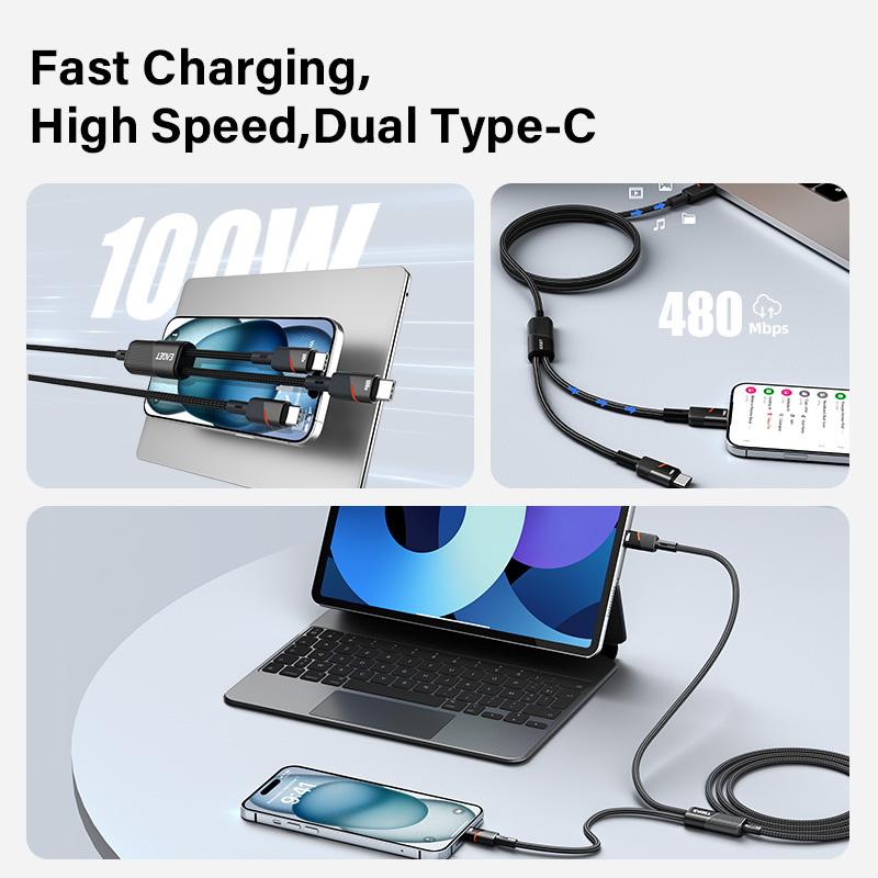USB C Cable 100W 4 Ft 2-in-1 USB C To USB C Cable Fast Charging for iPhone 16/16 Pro Max/Plus Series,MacBook Air/Pro,iPad,and More