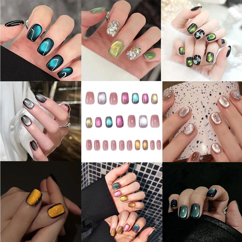 24PCS Cat Eye Press On Nails Short Artficial Nails Reusable Acrylic Nails  DIY Manicure Art