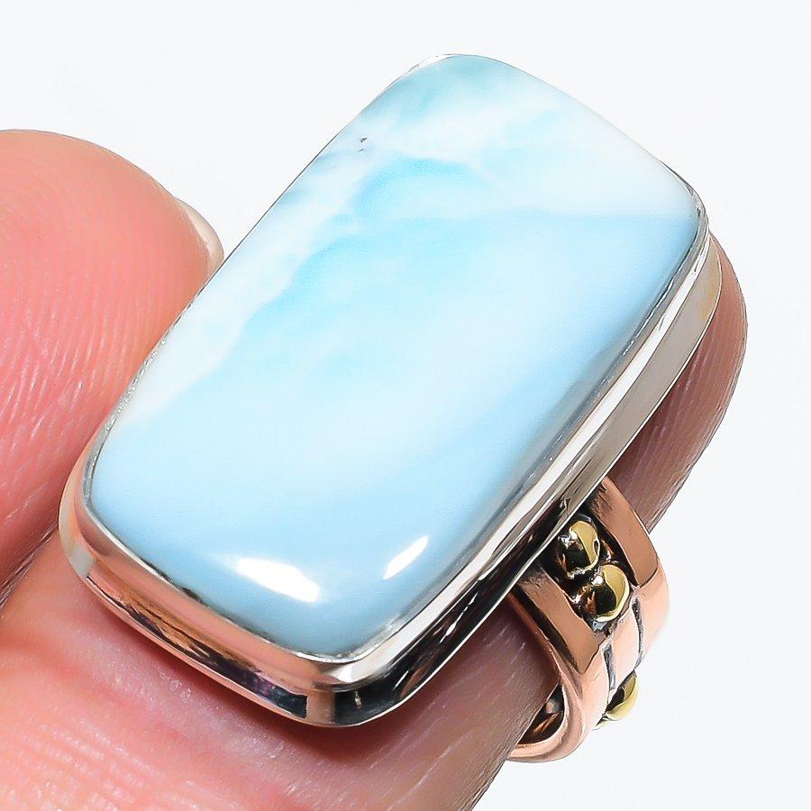 Natural Larimar Gemstone 925 Solid Sterling Silver TwoTone Gift Ring S.9 S1u57